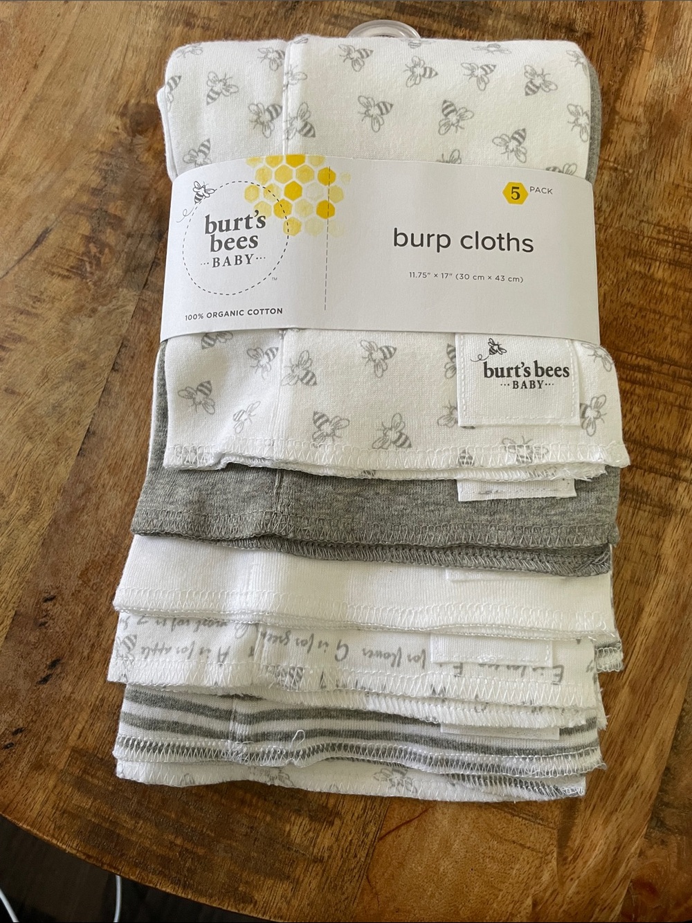 Burt's Bees Baby White & Gray Organic Cotton Burp Cloths - 5 Pack